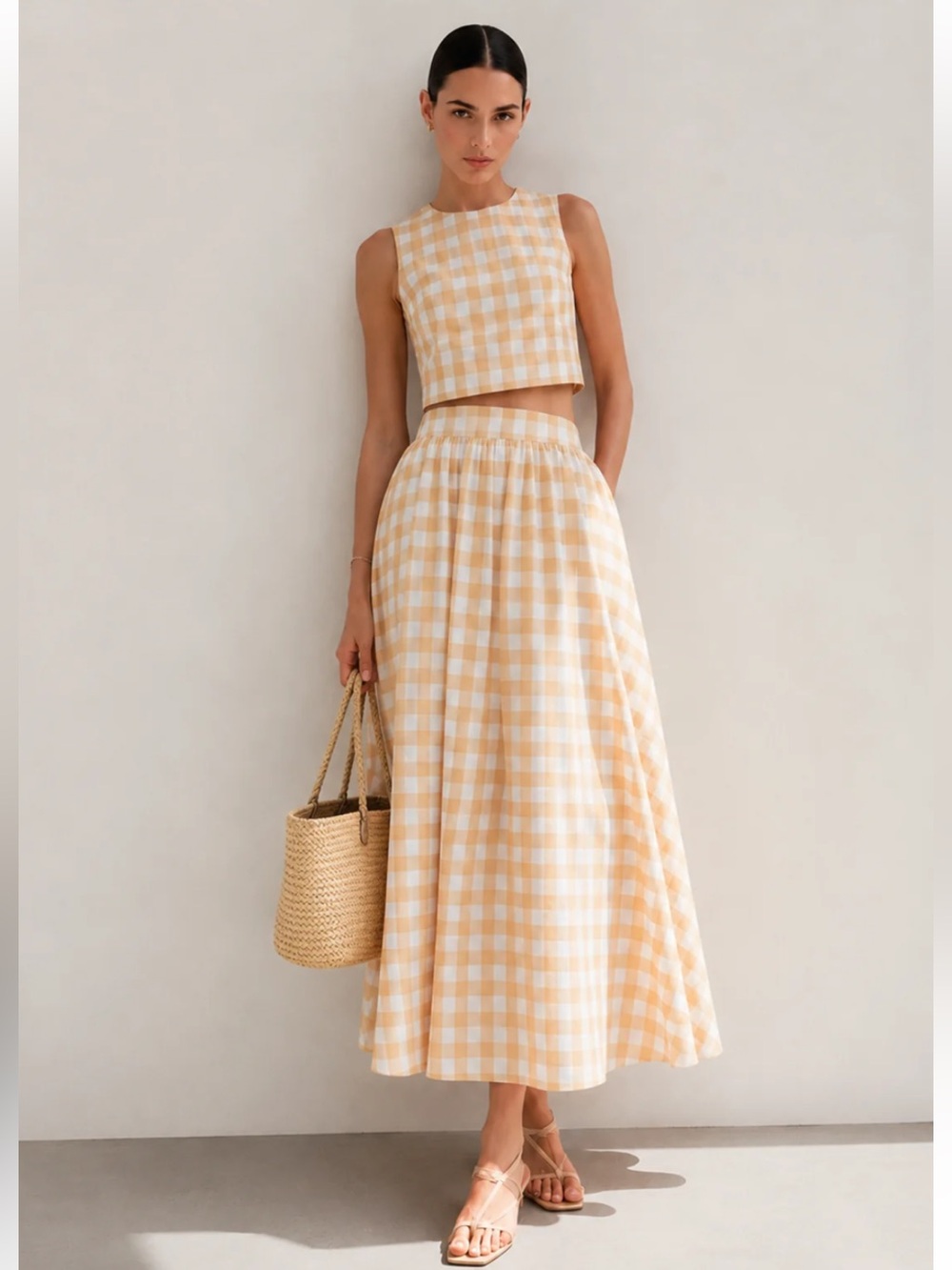 Commense Gingham Maxi Skirt Set in Soft Yellow - Women's Skirt